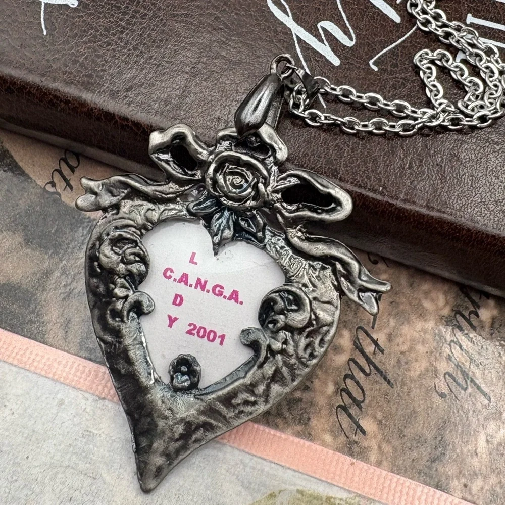 Y2K 2001 Gothic Heart Rose Pendant Brooch Romantic Goth Whimsigoth Necklace